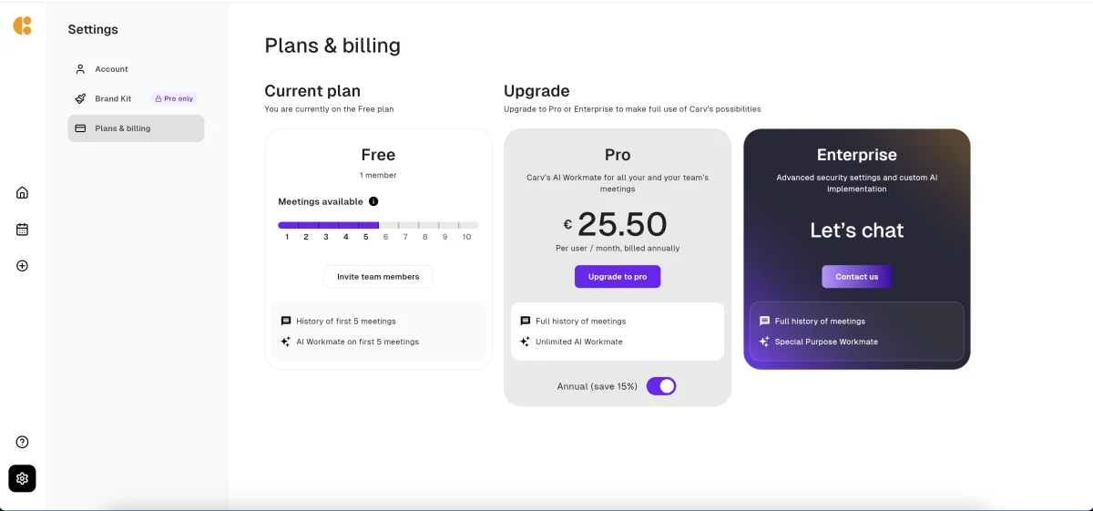 Carv plans and billing interface with subscription options