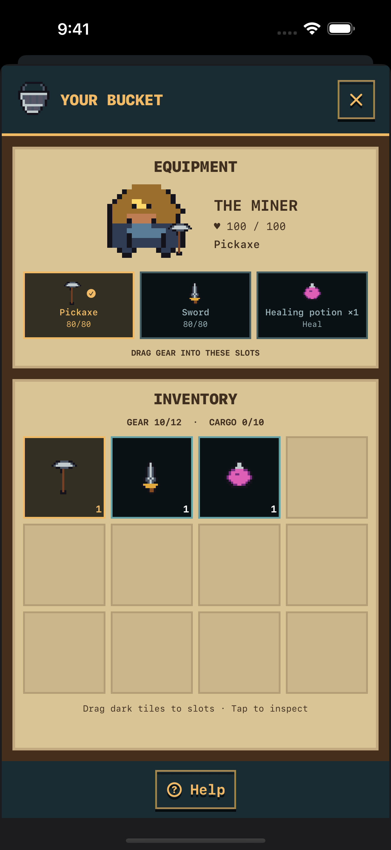 Wellwinder equipment and inventory screen showing the miner, tools, and cargo slots