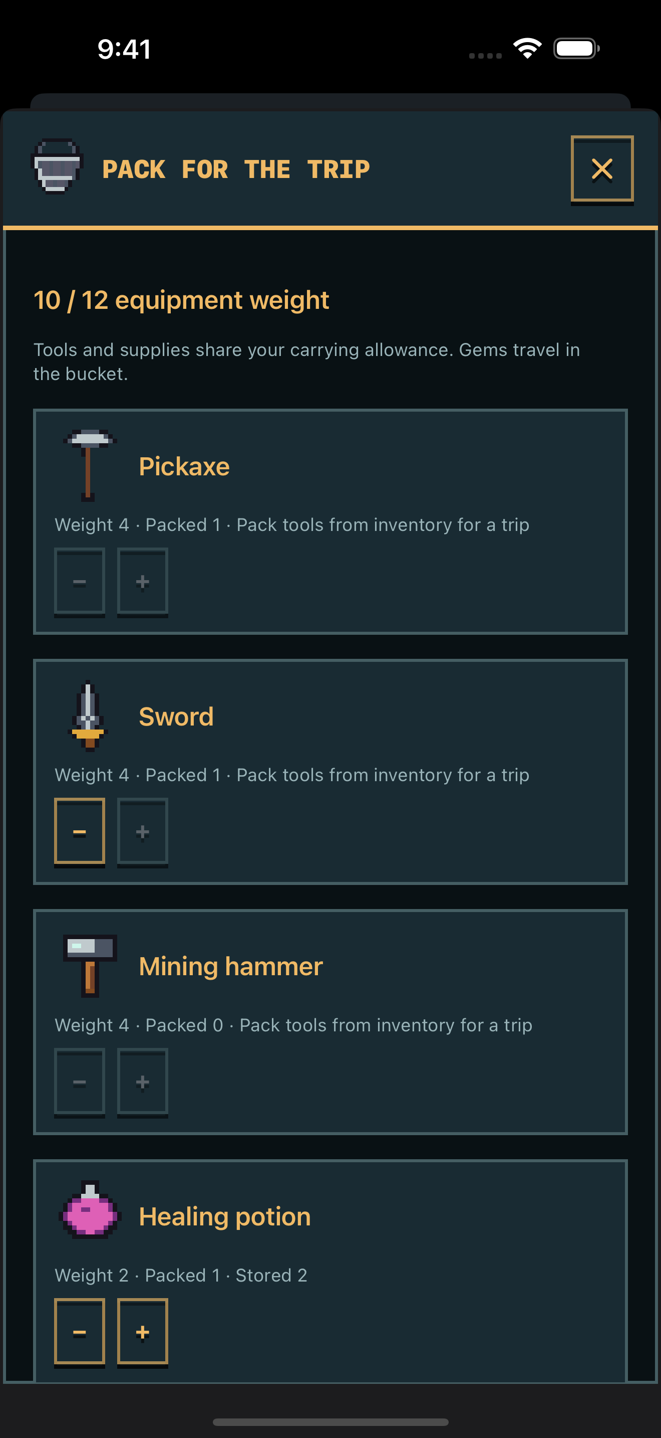 Wellwinder loadout screen with a pickaxe, sword, mining hammer, and healing potion